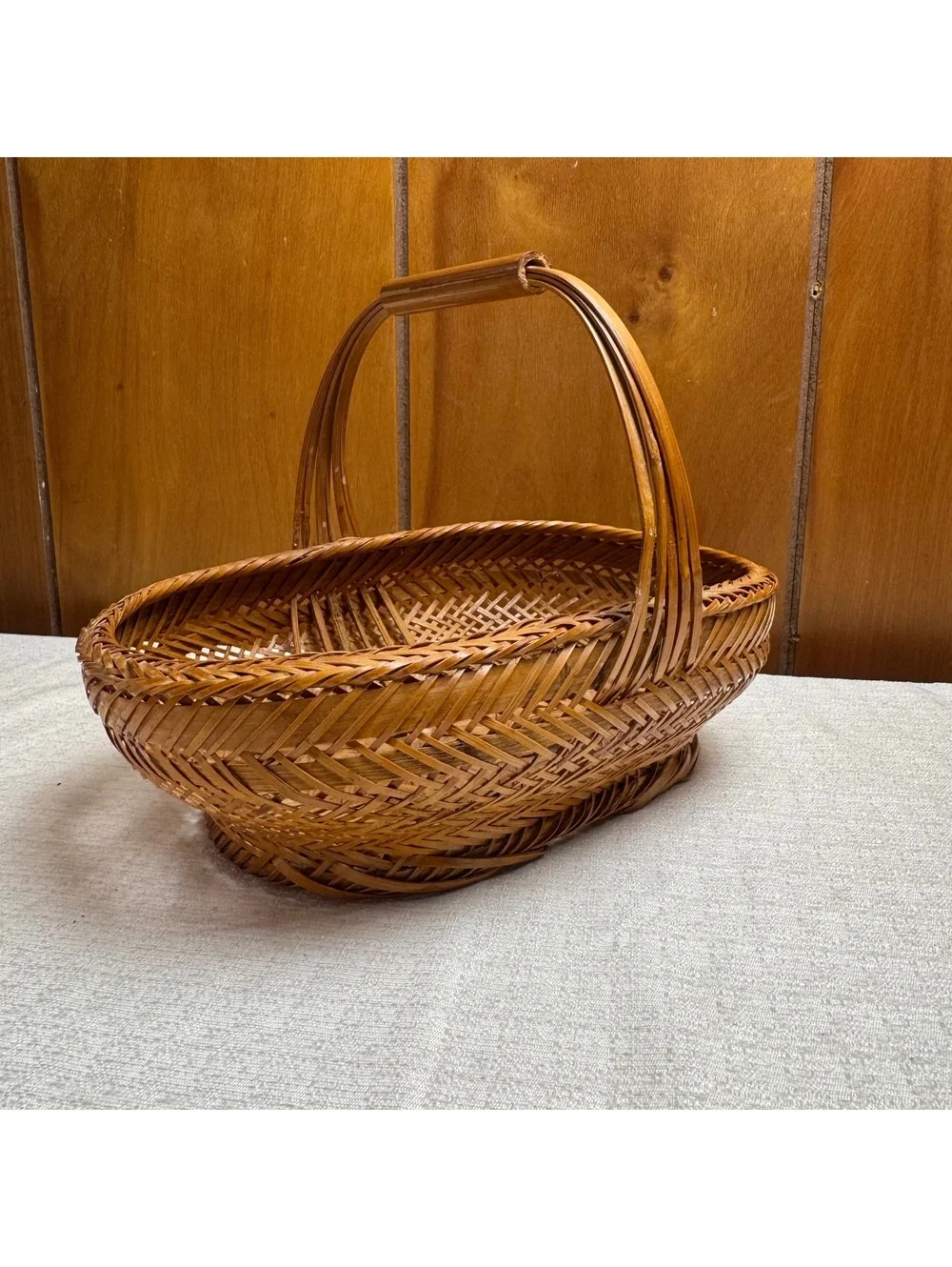 Vintage Woven Wicker Basket With Handle Oval Boho Cottage Farmhouse Decor